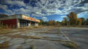 parking désert, commerce abandonné