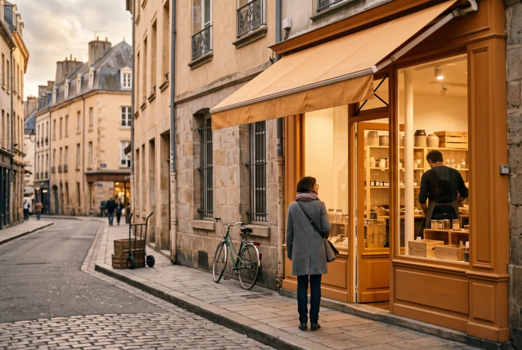 Devanture d'un commerce indépendant éclairée en fin d'après-midi, passants sur le trottoir d'une rue commerçante