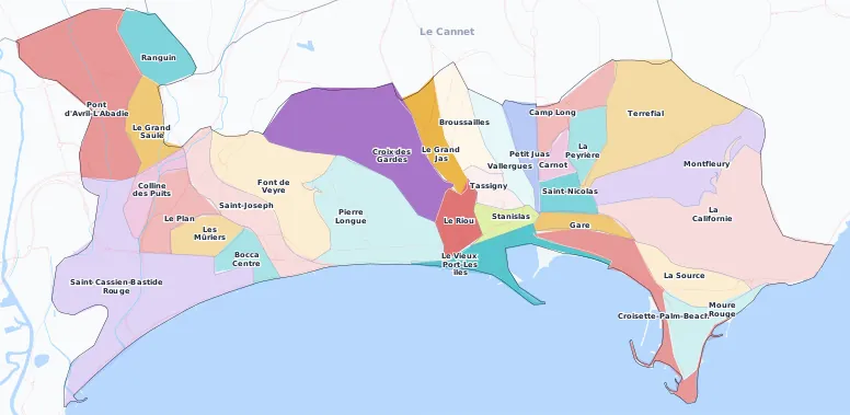 Carte des arrondissements et quartiers de Cannes