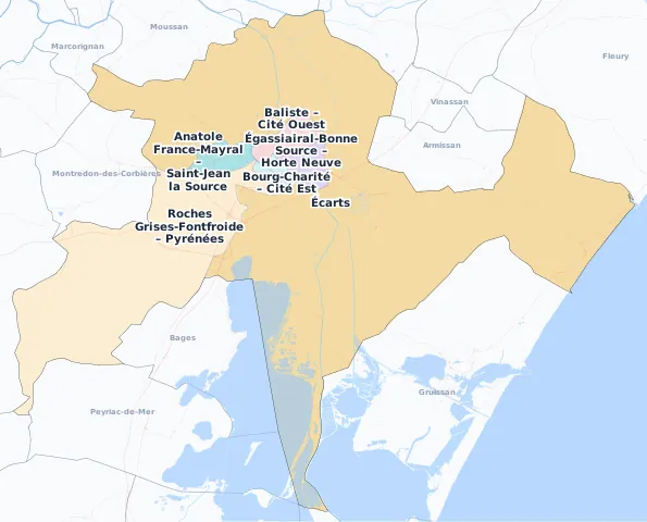 Carte des arrondissements et quartiers de Narbonne