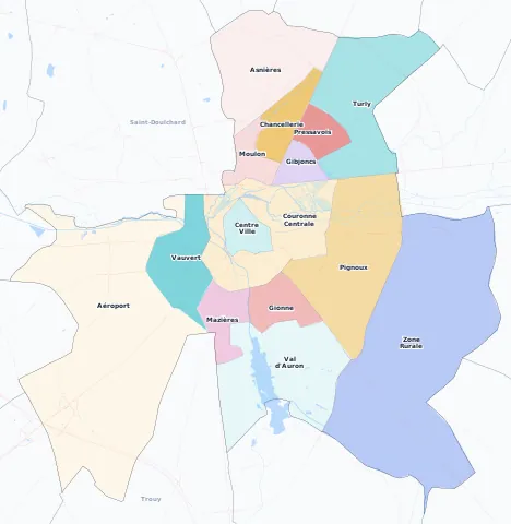 Carte des arrondissements et quartiers de Bourges