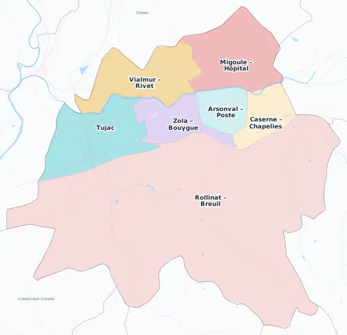 Carte des arrondissements et quartiers de Brive-la-Gaillarde