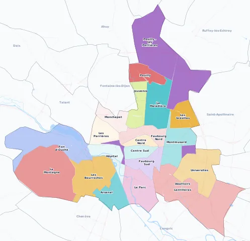 Carte des arrondissements et quartiers de Dijon
