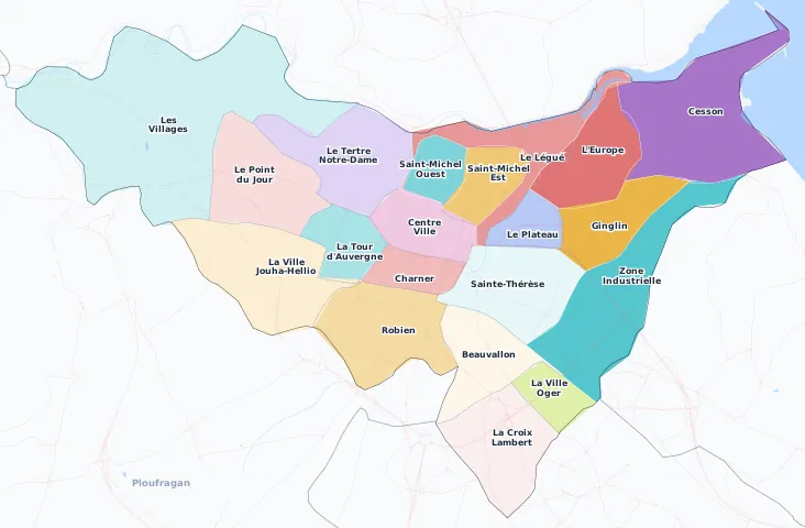 Carte des arrondissements et quartiers de Saint-Brieuc