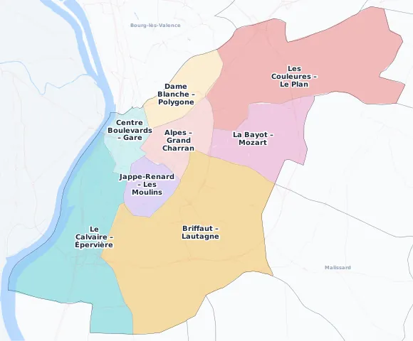 Carte des arrondissements et quartiers de Valence