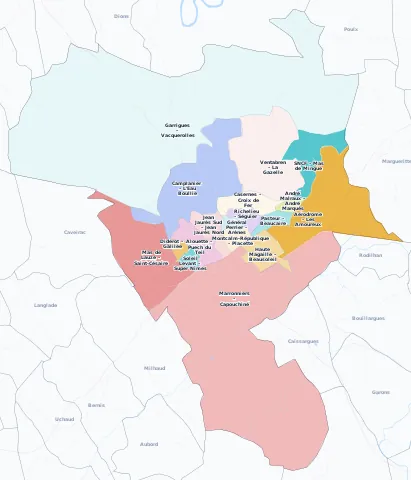 Carte des arrondissements et quartiers de Nîmes