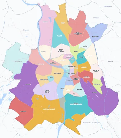 Carte des arrondissements et quartiers de Toulouse