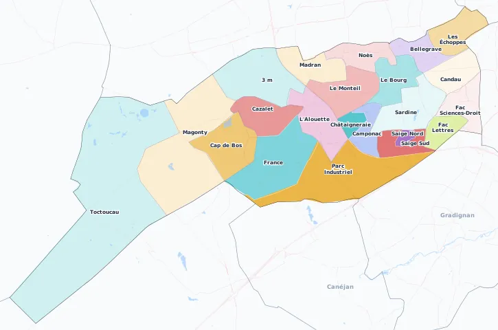 Carte des arrondissements et quartiers de Pessac