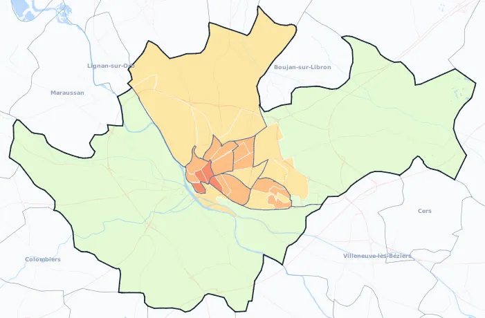Carte de densité de population de Béziers