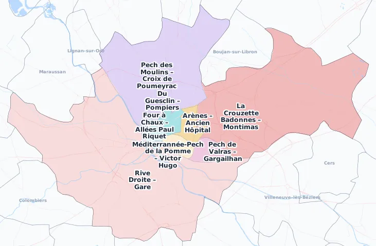 Carte des arrondissements et quartiers de Béziers