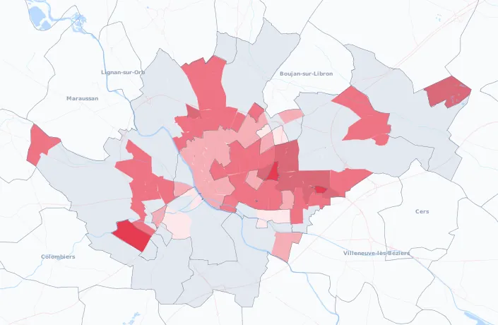 Carte de la valeur locative de référence de Béziers