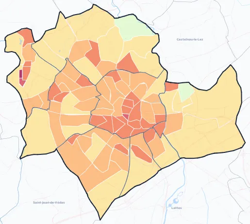 Carte de densité de population de Montpellier