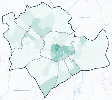 Carte de densité d'emploi (répartition estimée) de Montpellier
