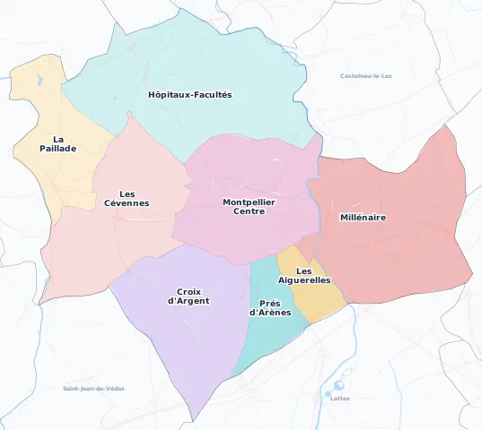 Carte des arrondissements et quartiers de Montpellier