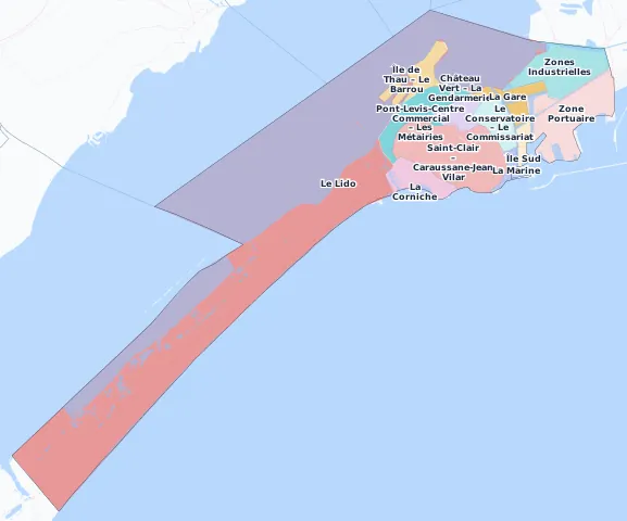 Carte des arrondissements et quartiers de Sète