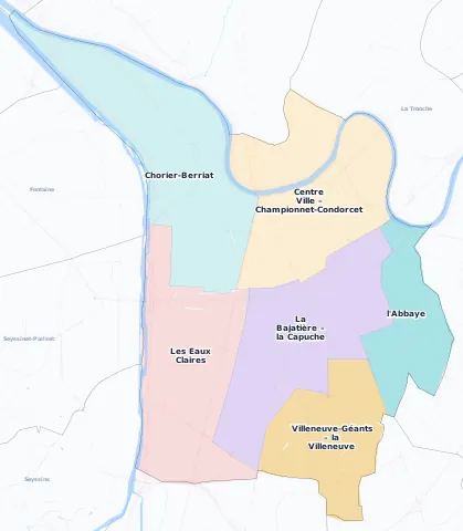 Carte des arrondissements et quartiers de Grenoble
