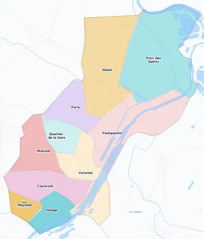 Carte des arrondissements et quartiers de Roanne
