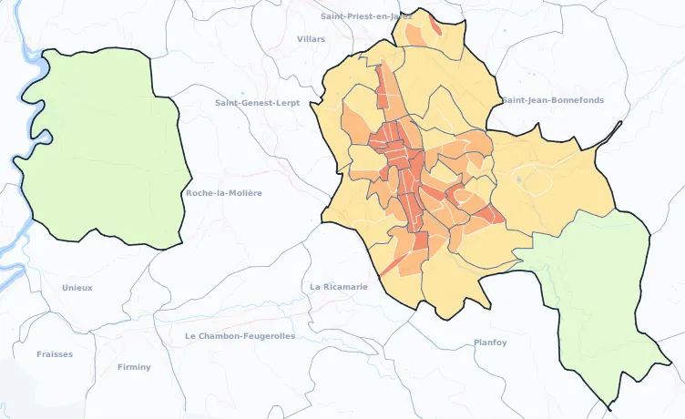 Carte de densité de population de Saint-Étienne