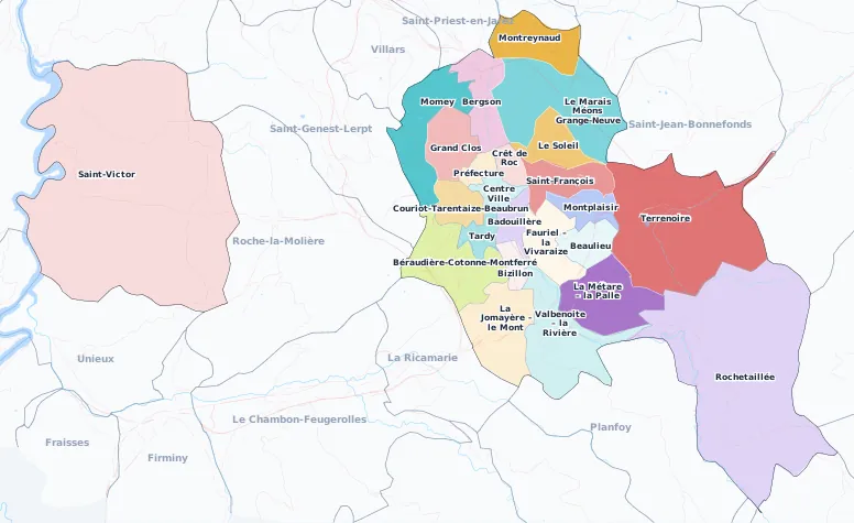 Carte des arrondissements et quartiers de Saint-Étienne