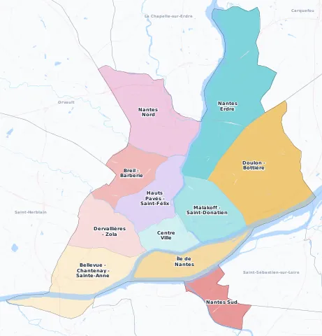 Carte des arrondissements et quartiers de Nantes