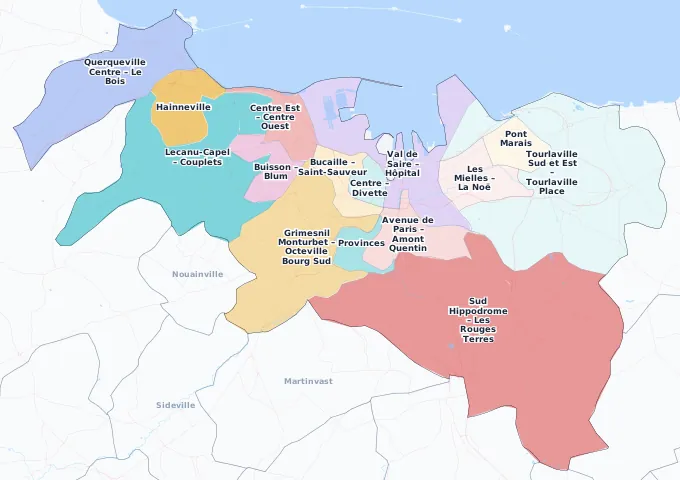 Carte des arrondissements et quartiers de Cherbourg-en-Cotentin