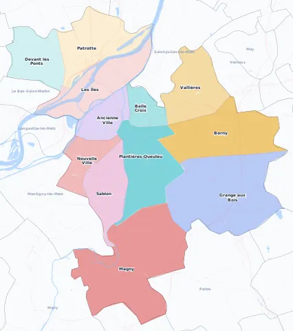 Carte des arrondissements et quartiers de Metz