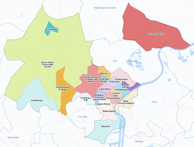 Carte des arrondissements et quartiers de Thionville