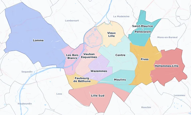 Carte des arrondissements et quartiers de Lille