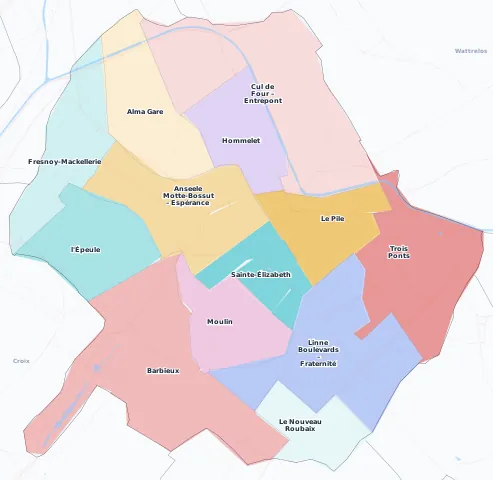 Carte des arrondissements et quartiers de Roubaix