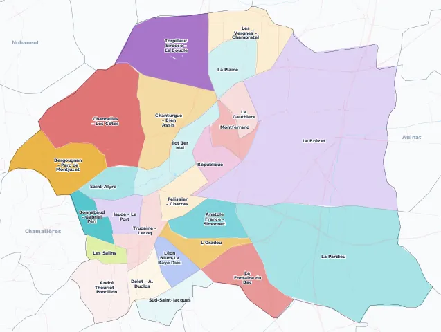 Carte des arrondissements et quartiers de Clermont-Ferrand