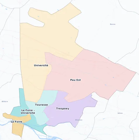 Carte des arrondissements et quartiers de Pau