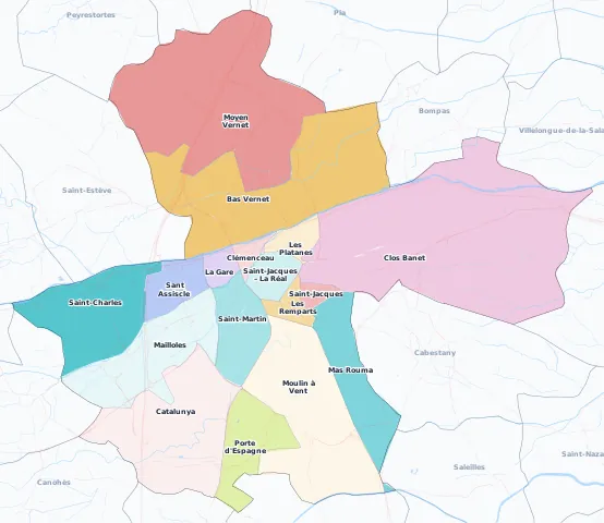 Carte des arrondissements et quartiers de Perpignan