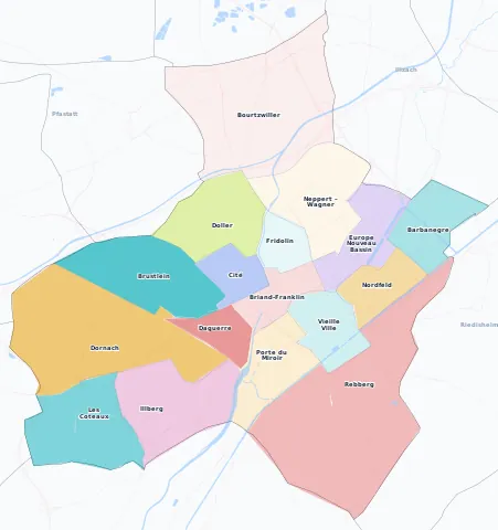Carte des arrondissements et quartiers de Mulhouse