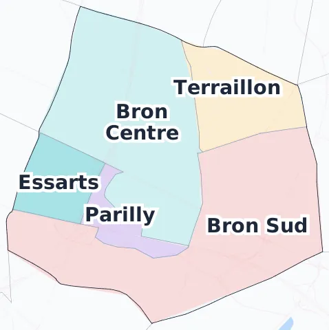 Carte des arrondissements et quartiers de Bron