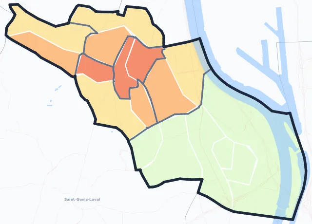 Carte de densité de population de Oullins-Pierre-Bénite