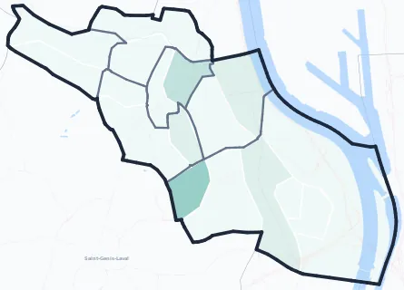 Carte de densité d'emplois salariés estimés de Oullins-Pierre-Bénite