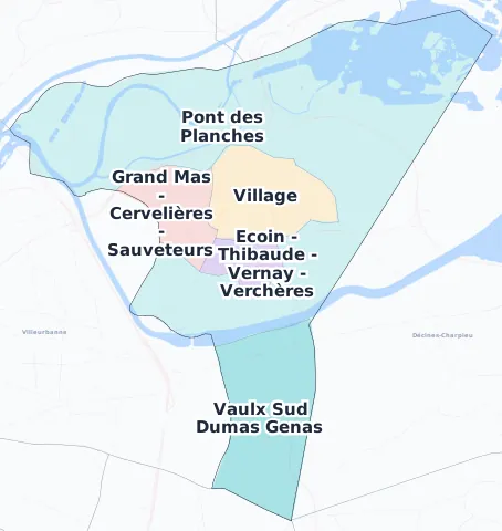 Carte des arrondissements et quartiers de Vaulx-en-Velin