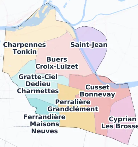 Carte des arrondissements et quartiers de Villeurbanne