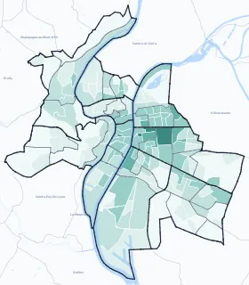 Carte de densité d'emploi (répartition estimée) de Lyon
