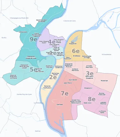 Carte des arrondissements et quartiers de Lyon