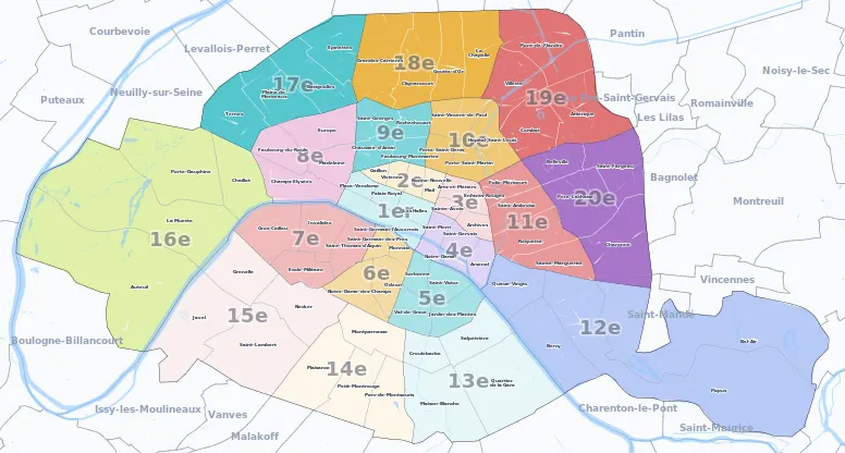 Carte des arrondissements et quartiers de Paris