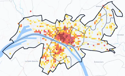 Carte de la densité commerciale à Rouen