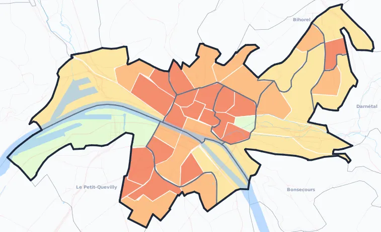 Carte de la densité de population à Rouen