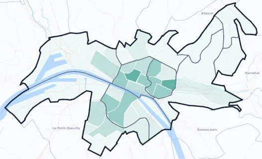 Carte de la densité d'emploi à Rouen