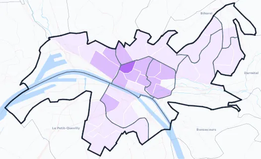 Carte de la population étudiante à Rouen
