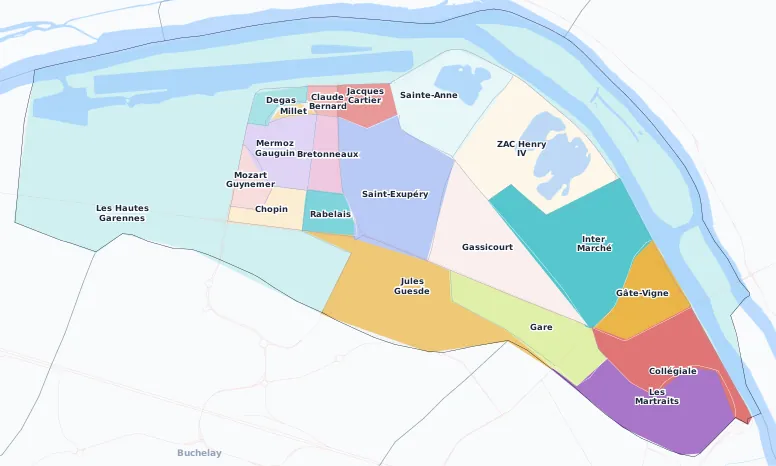 Carte des arrondissements et quartiers de Mantes-la-Jolie