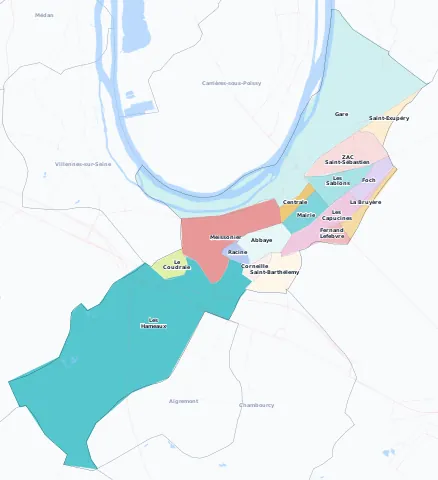 Carte des arrondissements et quartiers de Poissy