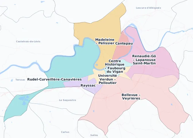 Carte des arrondissements et quartiers de Albi