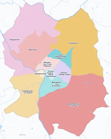 Carte des arrondissements et quartiers de Montauban