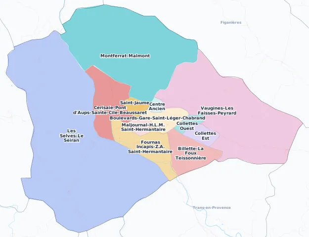 Carte des arrondissements et quartiers de Draguignan